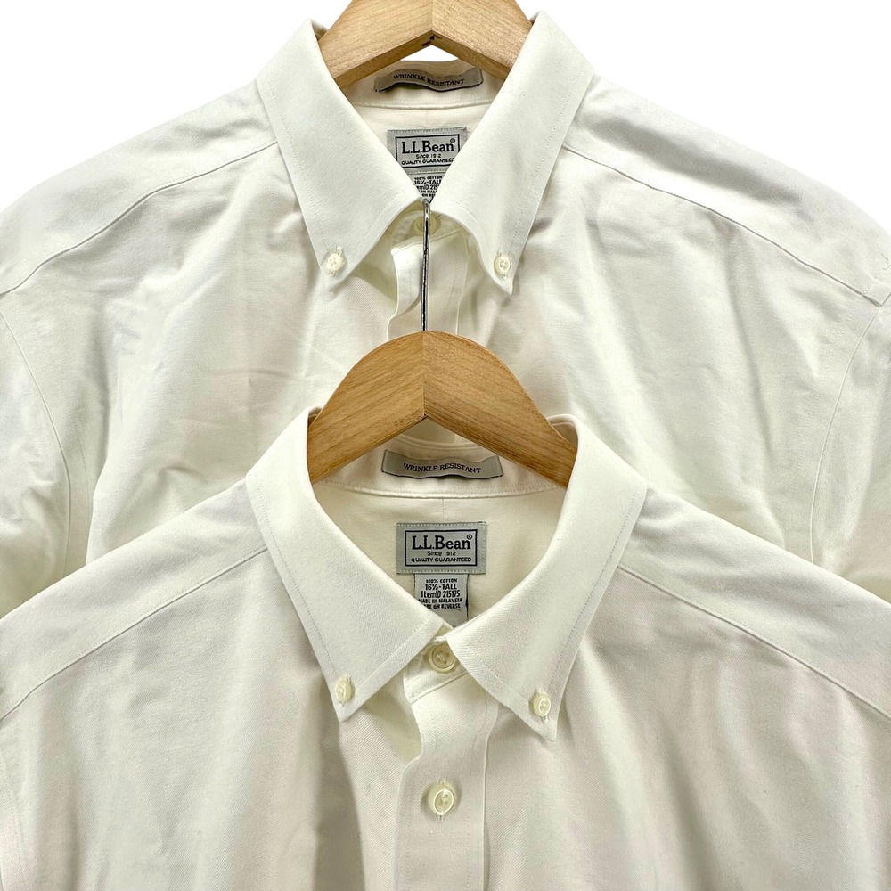 L.L. Bean Mens Wrinkle Resistant Oxford Shirt Set 2 White Short Sleeve 16.5 Tall